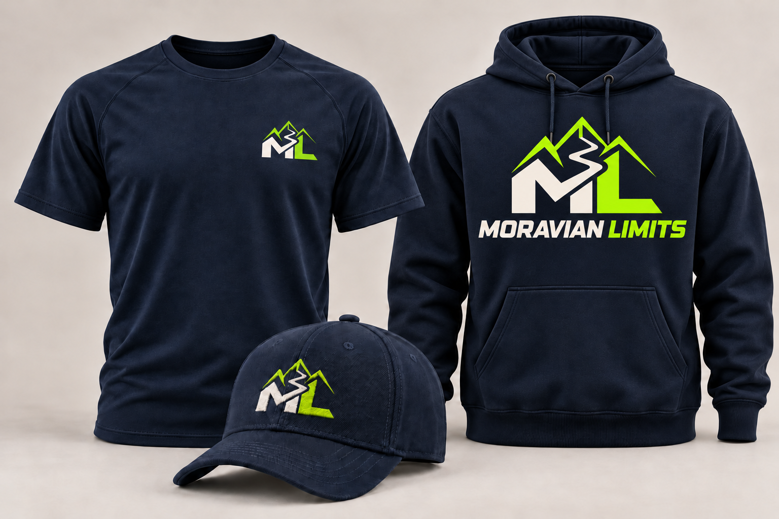 Vizualizace celého kompletu Moravian Limits: tmavé tričko, mikina a kšiltovka s limetkovým logem